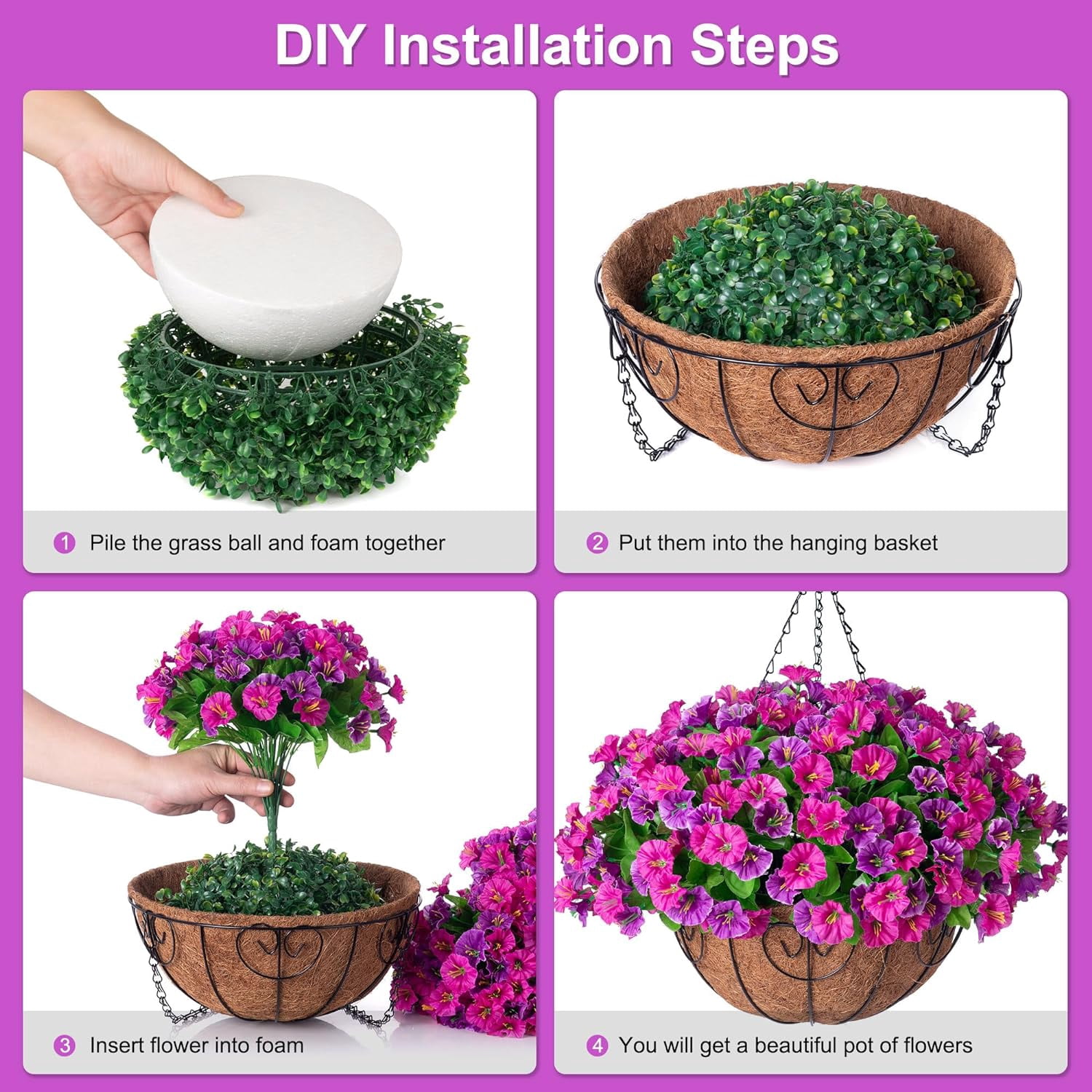 Artificial Hanging Flowers inch Basket, Faux Silk Petunias Flower Arrangement,Coconut Lining Planter with Morning Glories Plants Patio Garden Porch Deck Spring Decor(Lotus and Fuchsia)