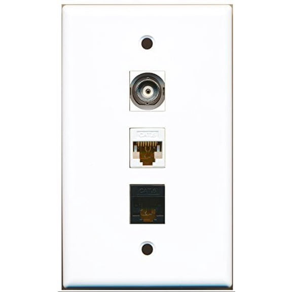 RiteAV - 1 Port BNC and 1 Port Cat6 Ethernet White and 1 Port Cat6 Ethernet Black Wall Plate