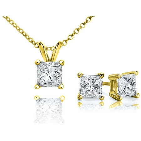 Chetan Collection 0.25 Carat T.W. Diamond 10kt Yellow Gold Princess-Cut Pendant and Earring Set