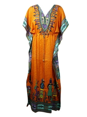 Mogul Women Orange Dashiki Tribal Print Maxi Caftan V-Neck Kimono Sleeves Resort Wear Beach Cover Up Summer KAFTAN Dress One Size