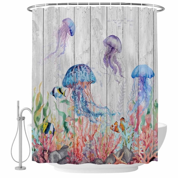 Small Stall Shower Curtain 36x78 Inch Narrow Half Size Jellyfish Coastal Bath Curtains Bathroom Decor, Summer Beach Blue Purple Coral Wooden Ocean Waterproof Shower Curtain Set with Hooks 36 Inch