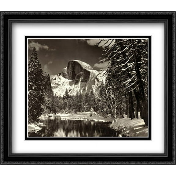 Half Dome, Merced River, Winter 2x Matted 34x28 Large Black Ornate Framed Art Print by Ansel Adams