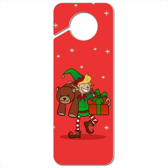 Christmas Elf with Presents and Gifts Plastic Door Knob Hanger Sign