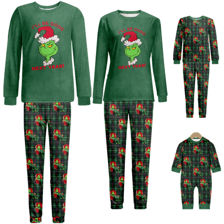

Holiday Family Matching Christmas Pajamas Set The Grinch Plaid Printed Sizes Baby-Kids-Adult-Pet 2 Pieces Top and Pants Bodysuits Unisex Pajamas Set