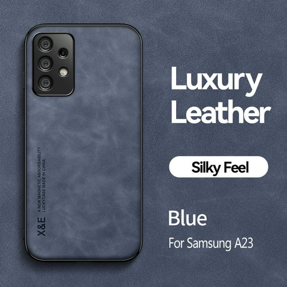 Pour Samsung Galaxy A23 5G Étui avec Plaque Métallique Intégrée Support Magnétique pour Voiture Étui de Téléphone pour Samsung A23 A23 A 23 Étui Arrière en Cuir Bleu pour Galaxy A23 5G