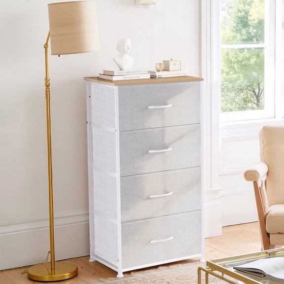 Bigleap 4 Drawer Dresser with Wood Top, Fabric Storage Tower & Tall Chest for Bedroom, Living Room, Hallway Organization, Light Gray