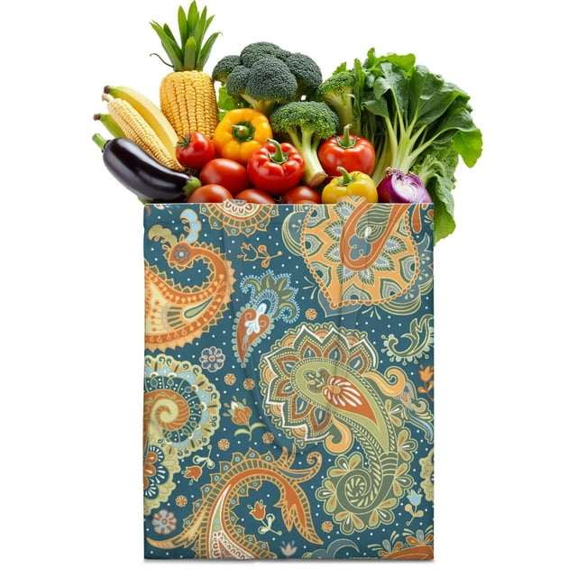 Sac d'Épicerie Réutilisable Paisley Coloré - Sac Pliable avec Motifs Floraux Ethniques, Spacieux et Lavable en Machine