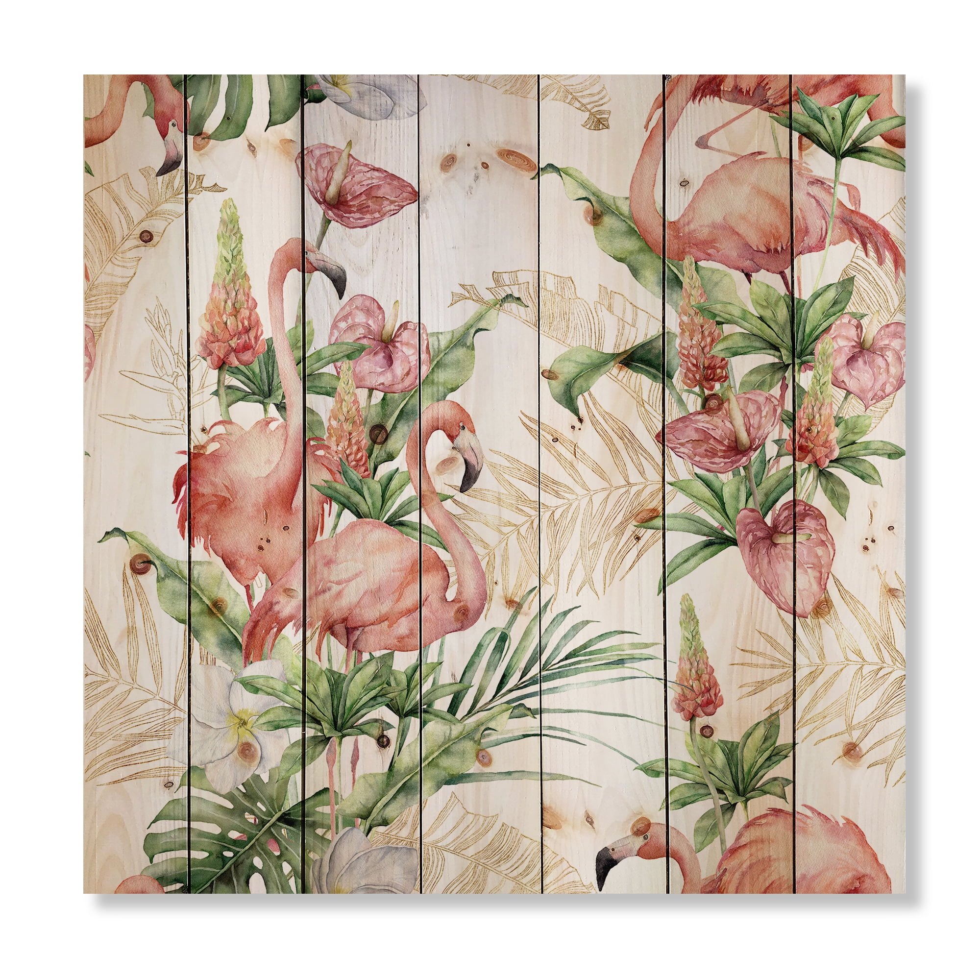 Designart 'Tropical Flowers & Gold Leaves With Pink Flamingos' Traditional Print on Natural Pine Wood