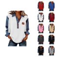 thumbnail image 1 of Womens Long Sleeve Tops 2026 Spring Fashionable Button V Neck Lapel Collared Denim Patchwork Casual Shirt Blouse Tops, 1 of 7