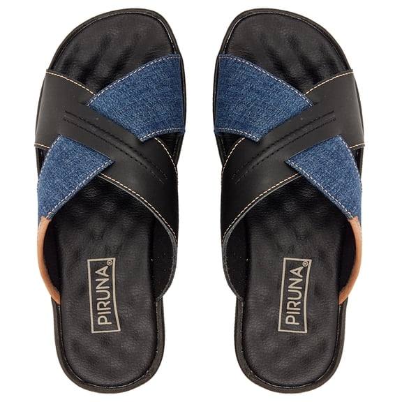 Piruna Women's Leather Cross Strap Slide Sandals with Denim Detail, Black/Blue