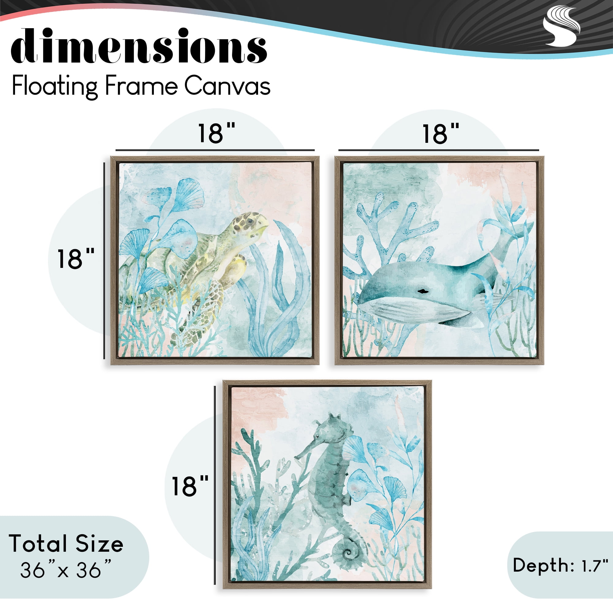 Stupell Industries Aquatic Animals Sea Swim 3 Piece Brown Framed Floater Canvas Set, design by Kim Allen