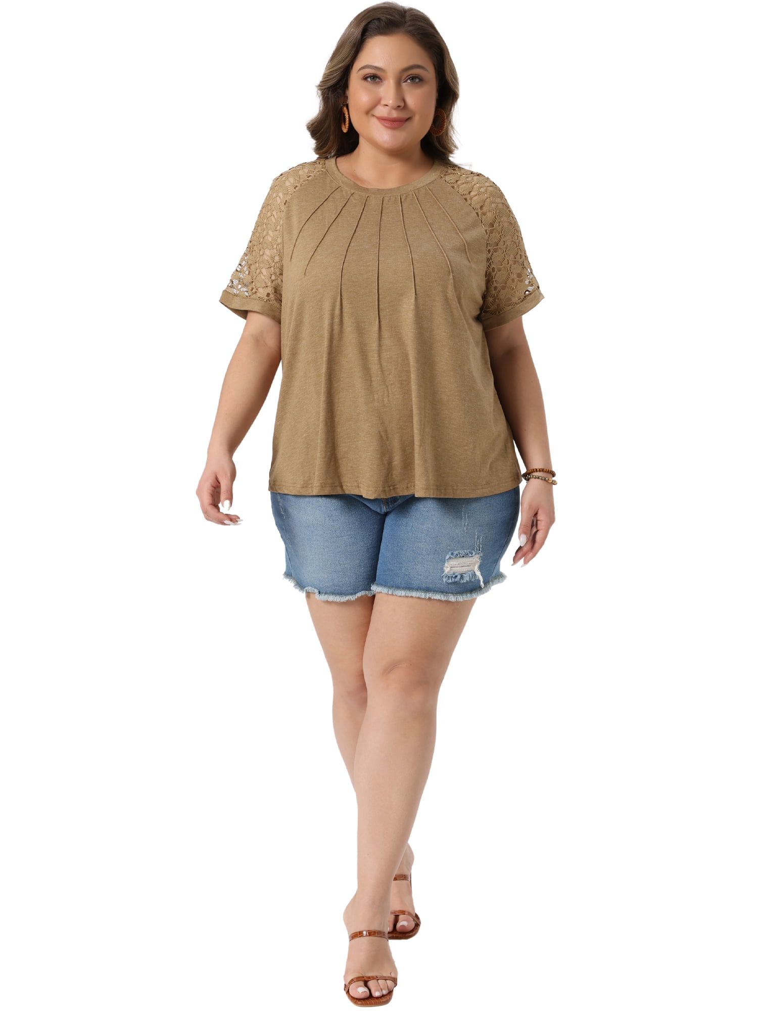 DARING DIVA Women's Plus Crew Neck Lace Dressy Casual Blouse Tunic Shirts 1X Camel
