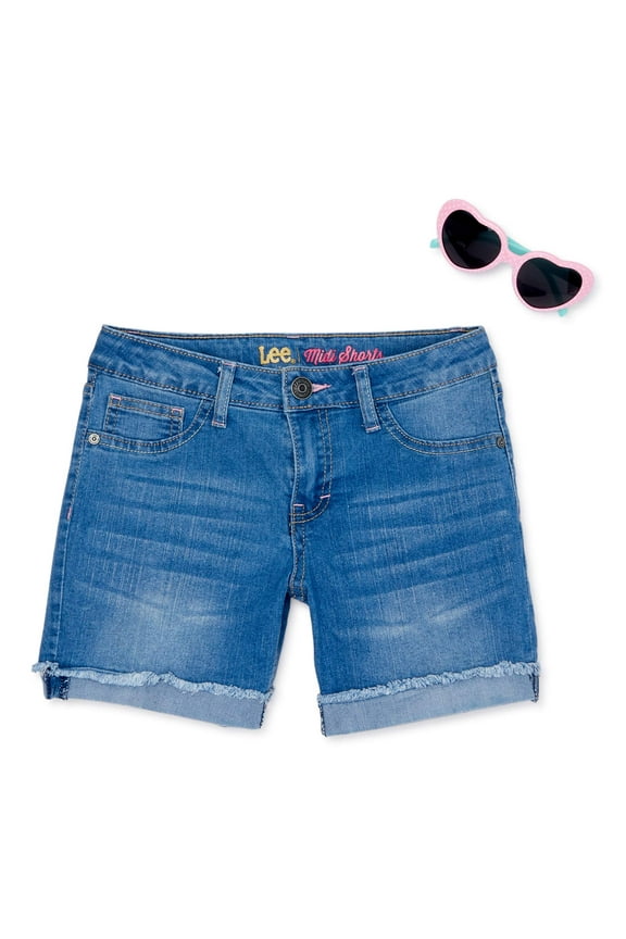 Girls Mid Length Roll Cuff Denim Shorts with GWP Sunglasses, Sizes 7-16
