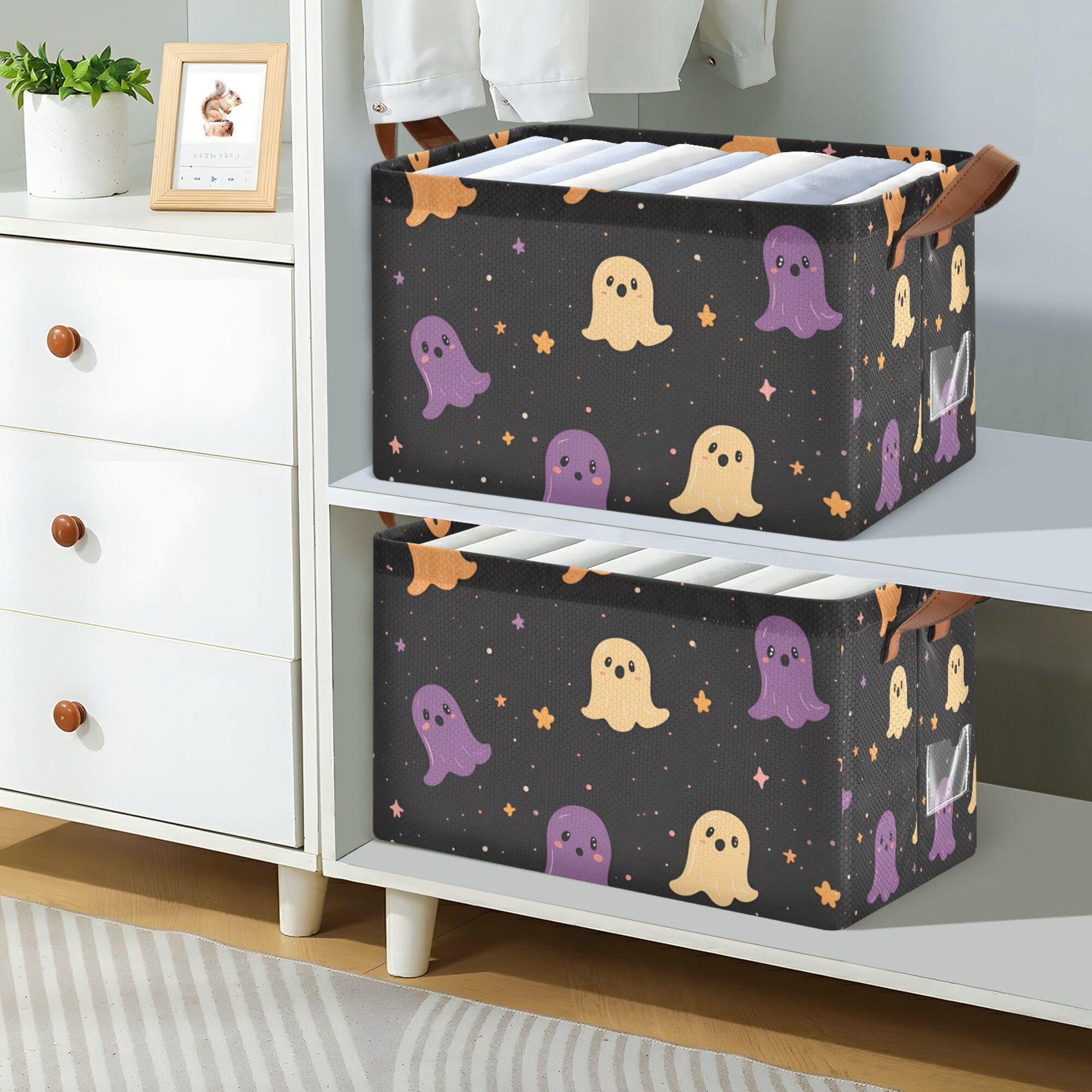 Yayeee Foldable Storage Basket for Shelves with Handles Set of 2 Waterproof Cloth Bins, Black Halloween Ghosts