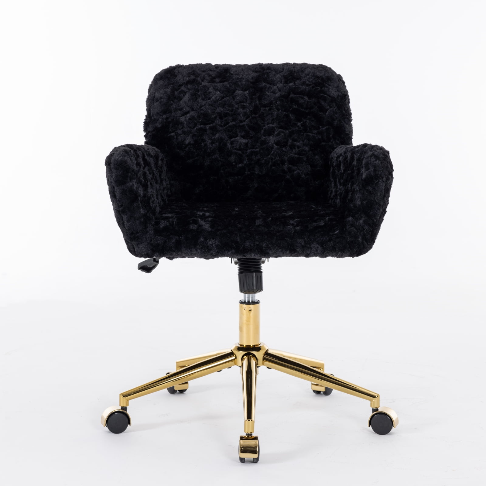 GAKMCIL Artificial Alpaca Wool Home Office Chair, Ergonomic Desk Chair, Vanity Chair with 360 ° Swivel, Arm, Golden Metal, Chassis can be Tilted 40°, 300lb Load for Study, Office, Bedroom (Black)