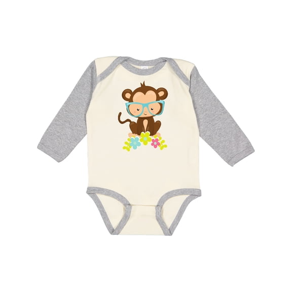 Inktastic Cute Monkey With Eyeglasses, Colorful Flowers Boys or Girls Long Sleeve Baby Bodysuit