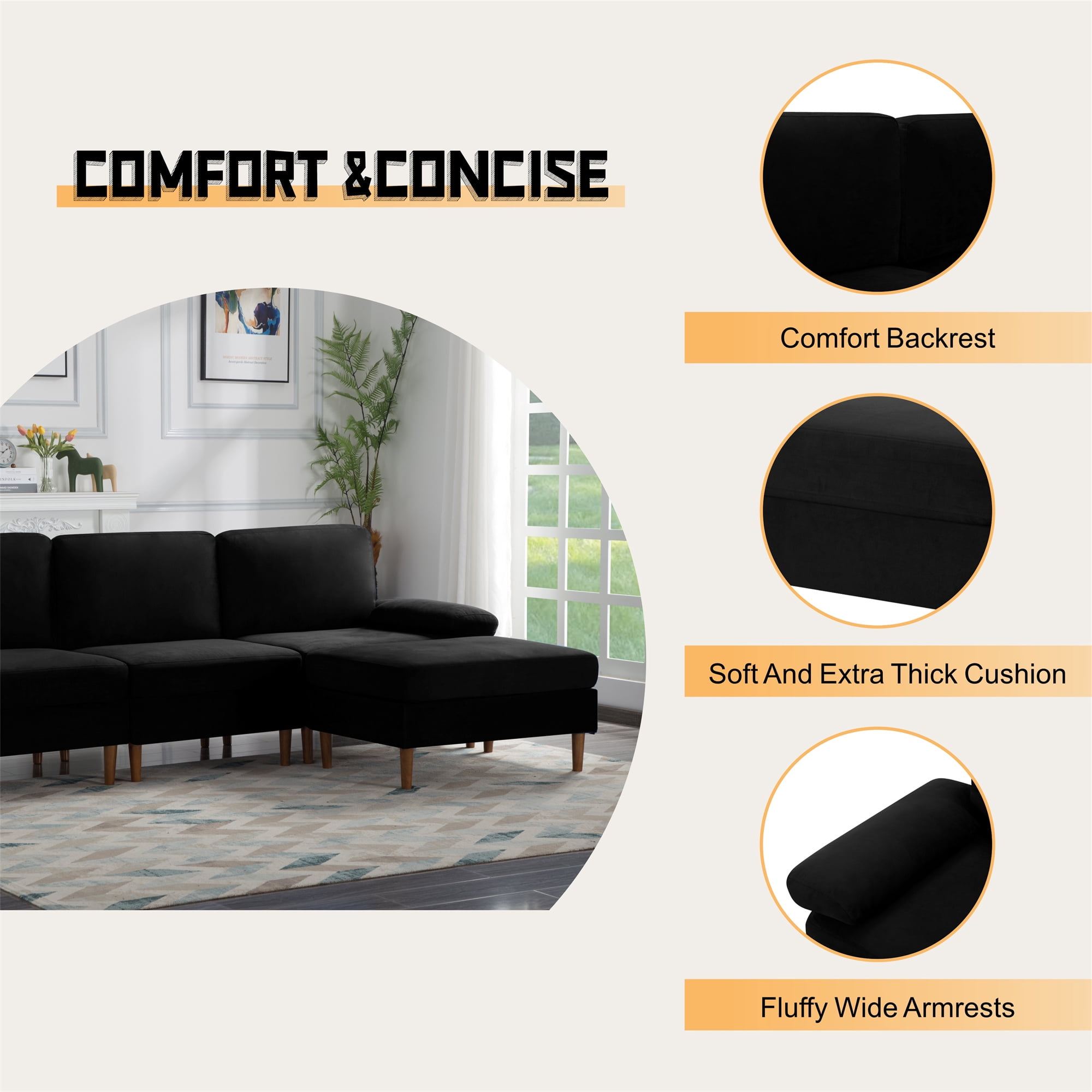 Aukfa 100" Velvet Sectional Sofa Modular Couch with Chaise for Living Room, Black