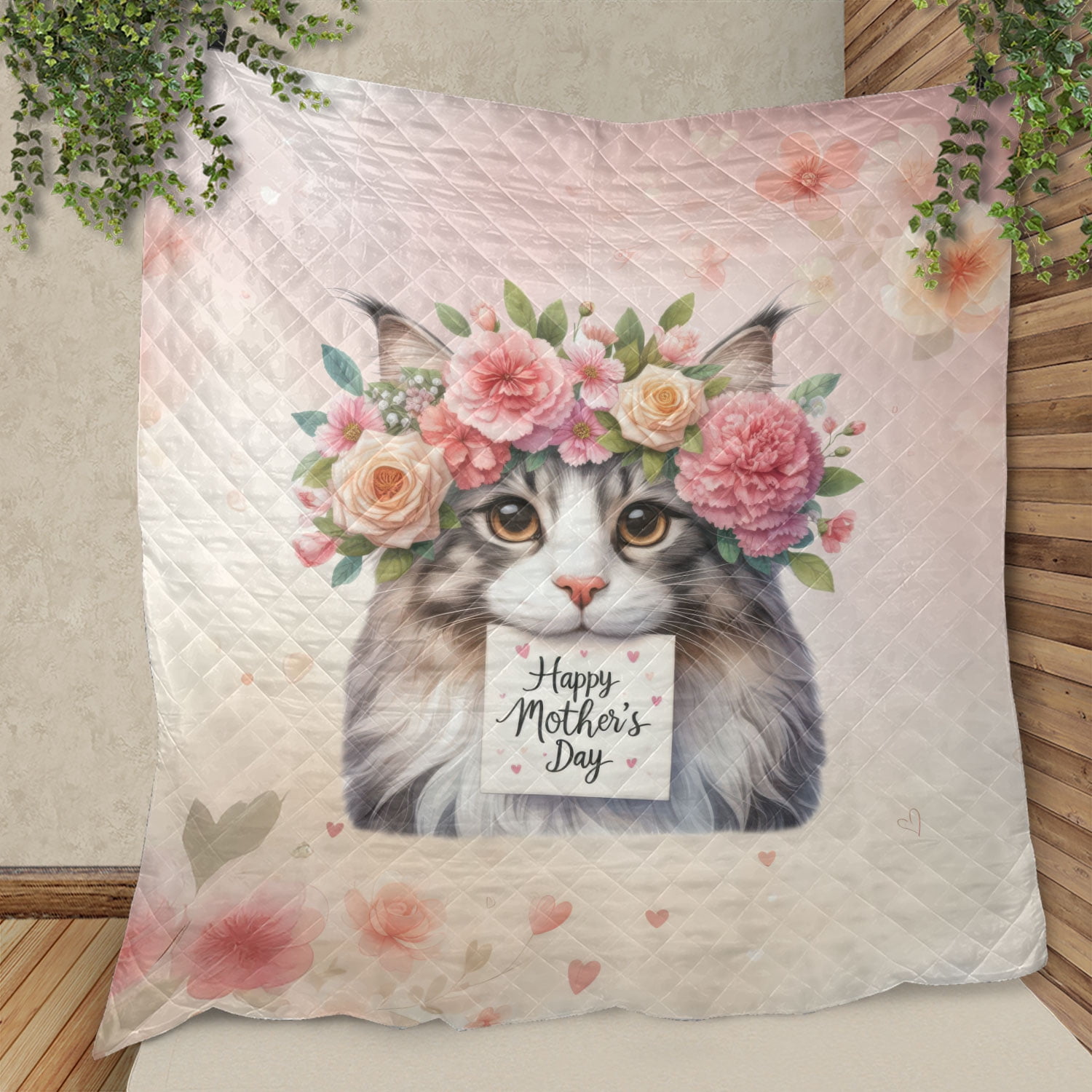 Happy Mother's Day Maine Coon with Flower Crown and Greeting Card Quilt Blanket Cat Lover Kitten Owner Gifts Cozy Comforter Throw Blanket - 13004