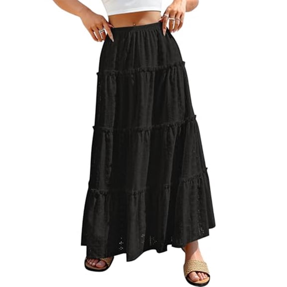 LWavelet Women Eyelet Embroidery Tiered Maxi Skirt Elastic High Waist Casual Summer Long Skirt Black XL