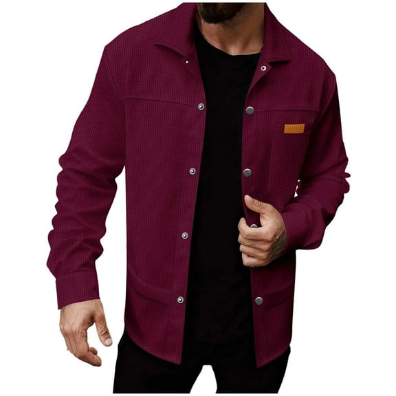 GuangCheng George Men Textured Button Up Shirt Jacket Chest Pocket with Label Patch Long Sleeve Casual Layering Overshirts,Wine,S