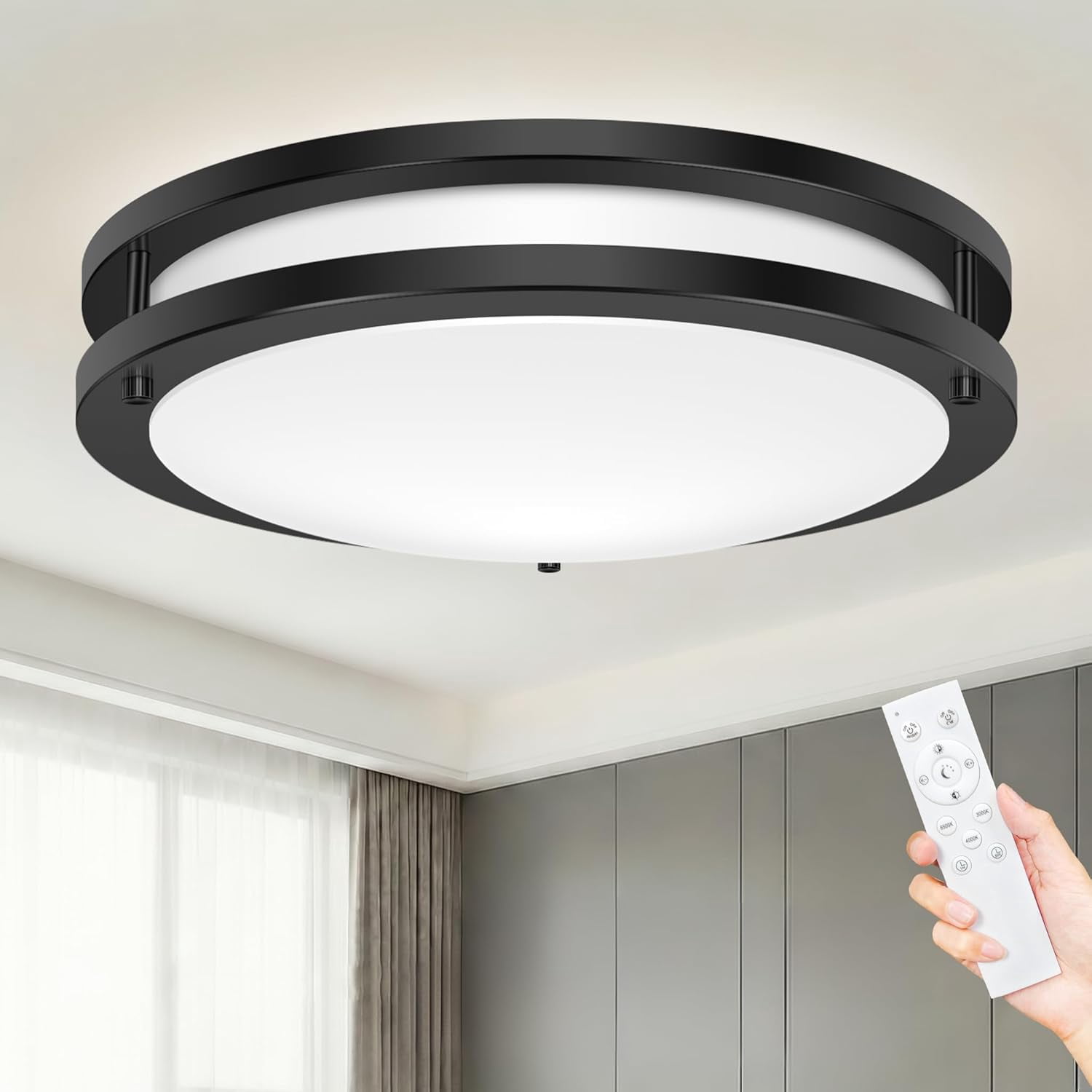 Hepside Flush Mount LED Ceiling Light with Remote, Dimmable 3000K-6500K Adjustable Ceiling Light Fixture, Timer, Night Light, 10 inch Black Ceiling Lamps for Kitchen Bathroom Bedroom Hallway, Black