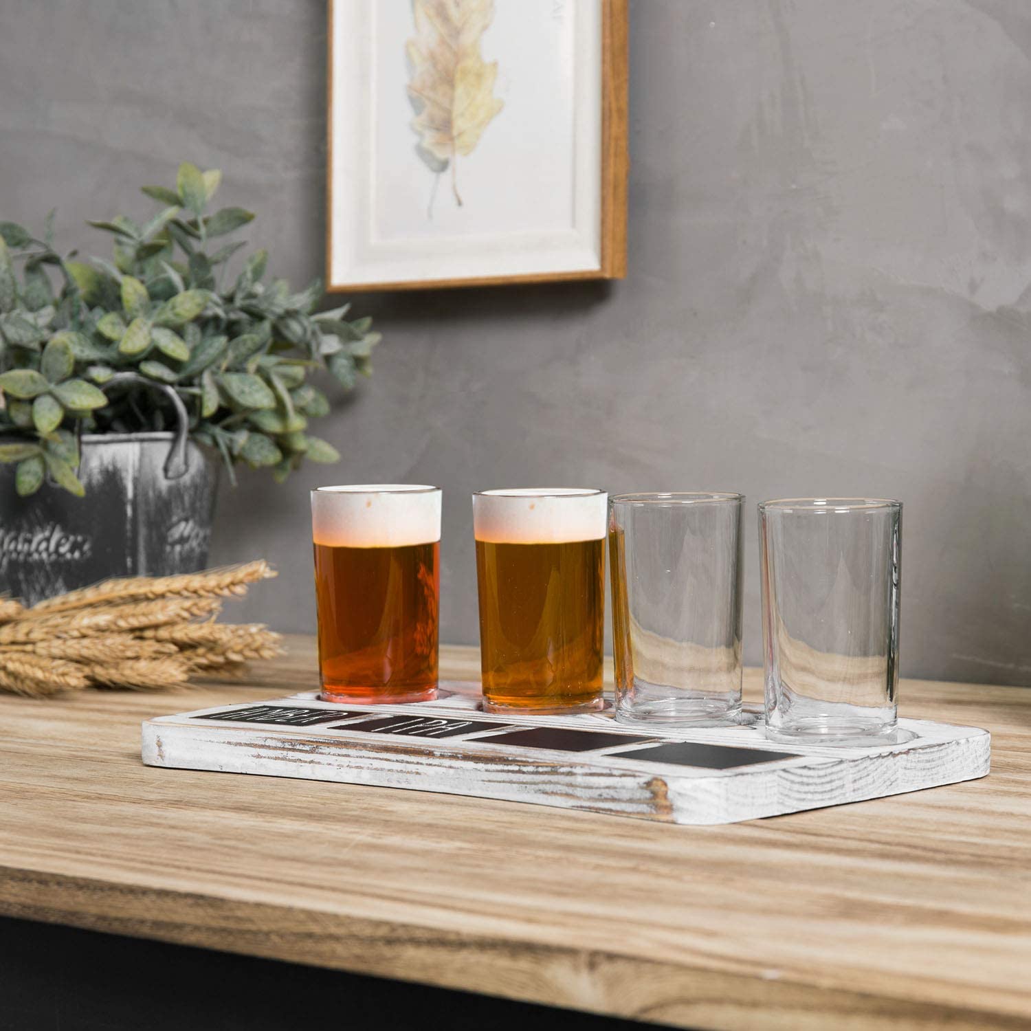 MyGift 4-Glass Whitewashed Wood Beer Flight Sampler Serving Tray with Chalkboard Labels - image 5 of 7