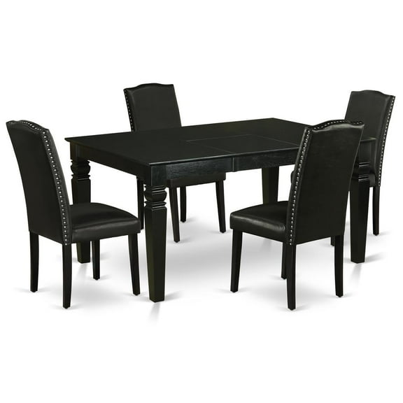 WEEN5-BLK-69 5Pc Rectangle 42/60 Inch Kitchen Table With 18 In Self Storing Butterfly Leaf And Four Parson Chair With Black Leg And Pu Leather Color Black