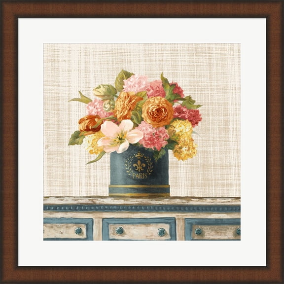 Tulips in Teal and Gold Hatbox on Linen by Danhui Nai, Framed Wall Art, 19.75W x 19.75H