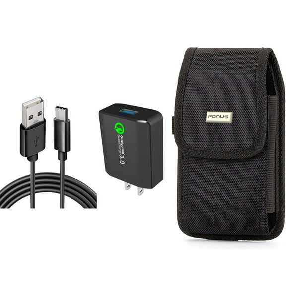 Home Charger & Case Belt Clip for iPhone 15 Pro Max - 18W Fast 6ft USB Cable Type-C Turbo Charge and Rugged Holster Canvas Cover A7Z for iPhone 15 Pro Max (6.7")