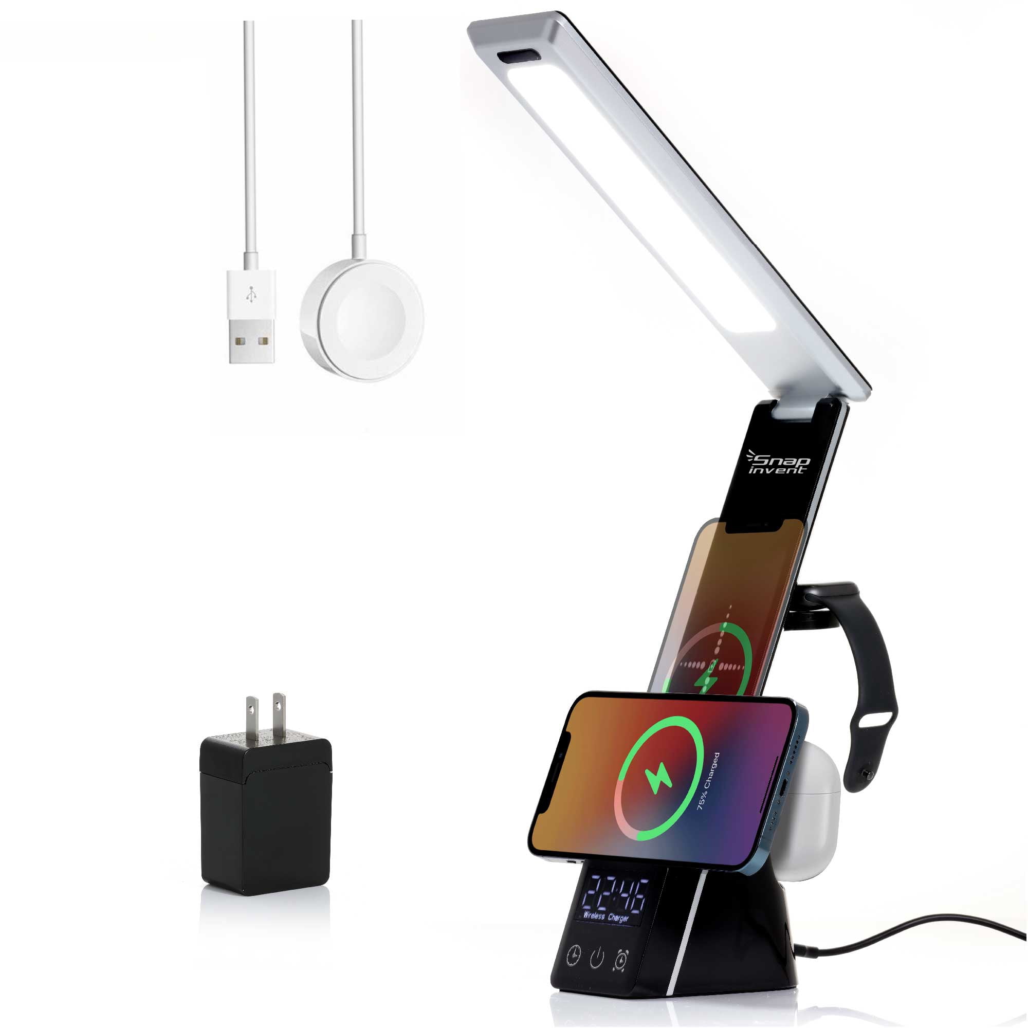 SNAP INVENT LED Table Lamp Fast Wireless Charging Apple Products Dock Station for iPhone, watch and AirPods QC 3.0  USB C Charger Desk & Bedside Phone Chargers Organizer