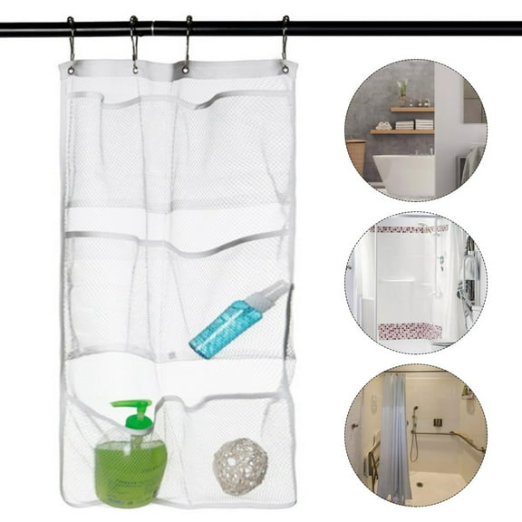 widshovx 1 Pack of 6 Pocket Shower Storage Bag Hanging Mesh Bath Organizer with 4 Hooks for Soaps & Shampoo White