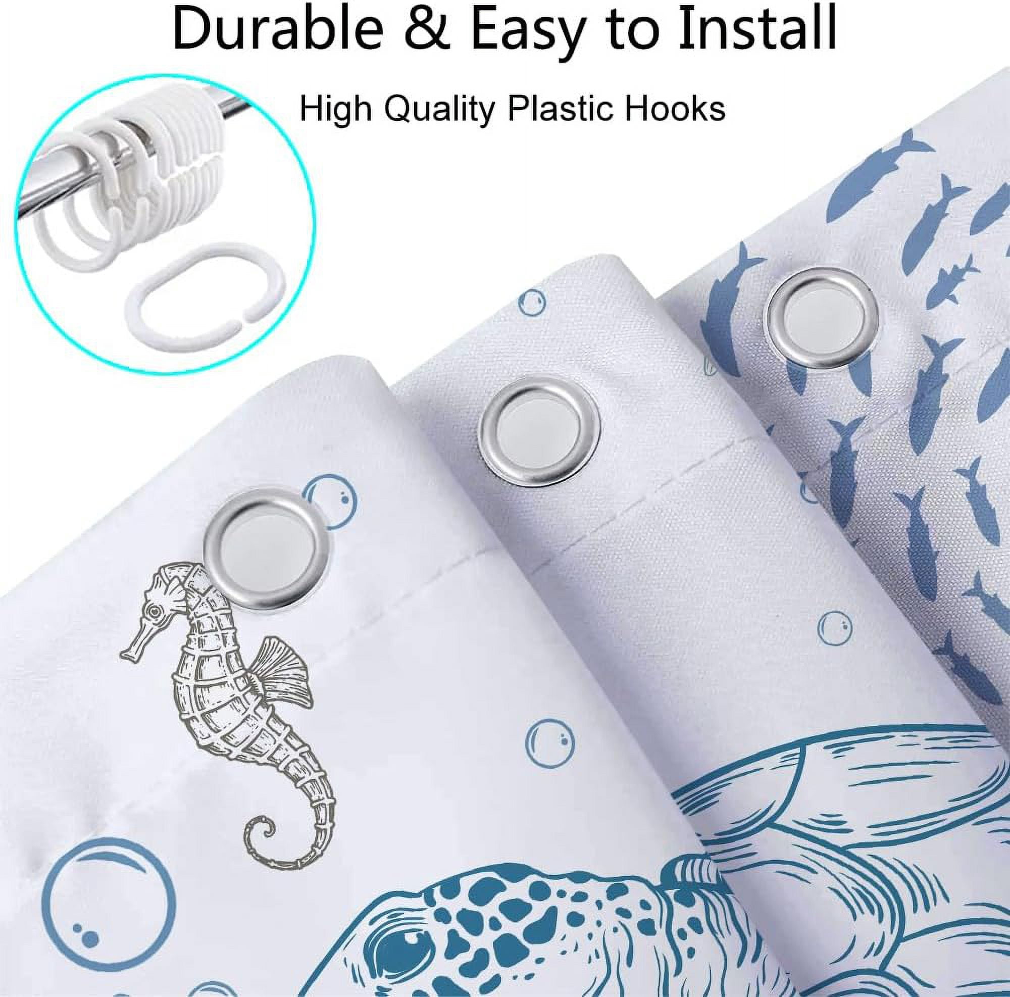 Beach Ocean Theme Shower Curtain, Nautical Coastal Tropical Fish Sea Turtle Fabric Shower Curtains Set for Kids Bathroom Decorative, Fun Turquoise Blue Restroom Accessories with Hooks 72X72 Inch