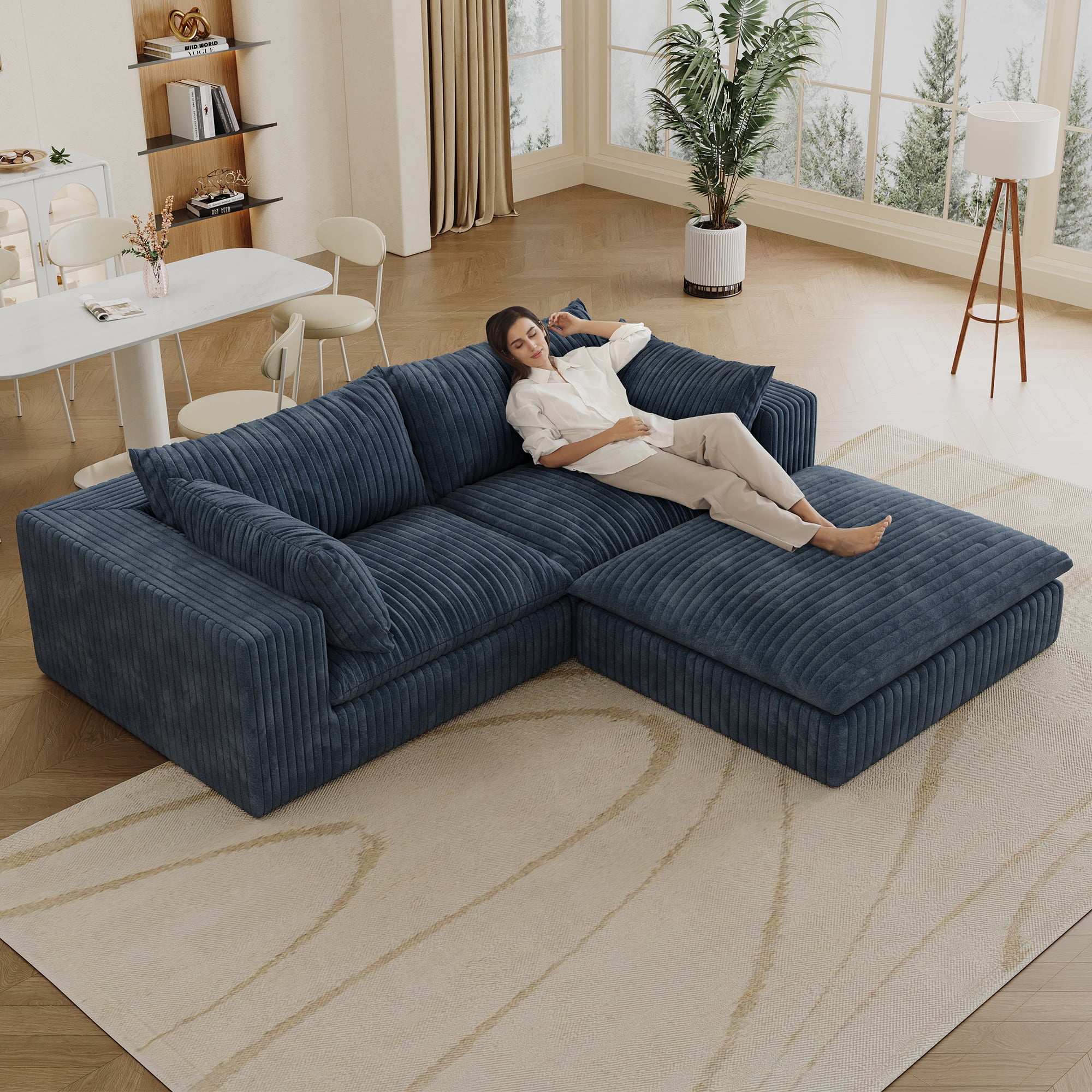 MAYEERTY 78.8" Cloud Sofa Blue Corduroy Fabric Deep Seat Double-Layer Design Removable Cushion No Assembly DIY Combination for Multi-Rooms
