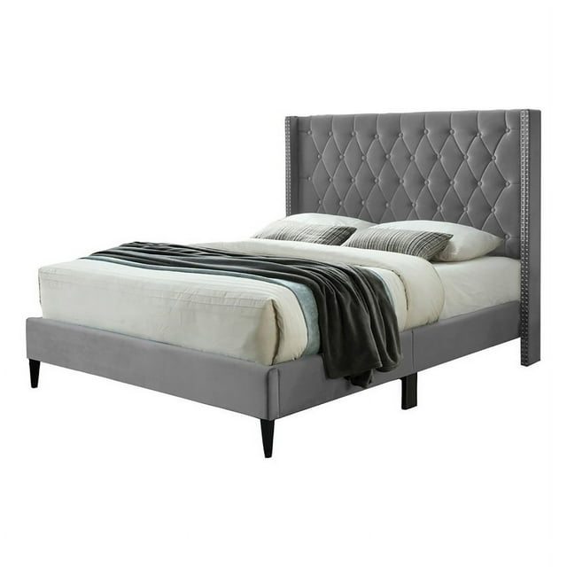 Pemberly Row Lit Plateforme Double Moderne en Velours Peluche Capitonné Gris