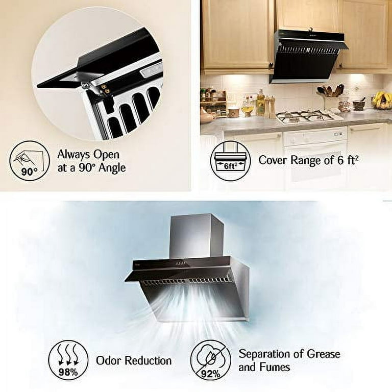 FIREGAS Wall Mount Range Hood 30 inch Black Vent Hood for Kitchen,500 CFM with Ducted Convertible Ductless Kitchen Hood in Stainless Steel, 3-Speed