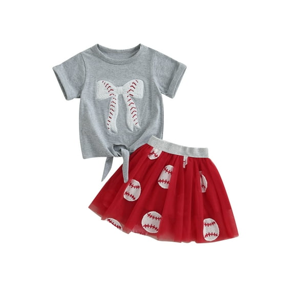 BemeyourBBs Kids Toddler Baby Girl Baseball Outfit Infant Baby Girls Summer Clothes Cute Bowknot Embroidery Short Sleeve T Shirt Tops Tulle Tutu Skirt Set 2Pcs Toddler Baby Girl Summer Outfit