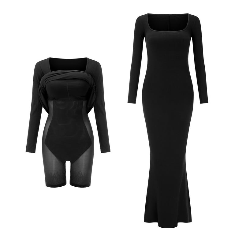Fulijie Long Jersey Dresses Built In Bra,Black Dresses For Bigger Built  Women,Womens Dresses,Women's Solid Color Body Shaping Dress With Breast Pad