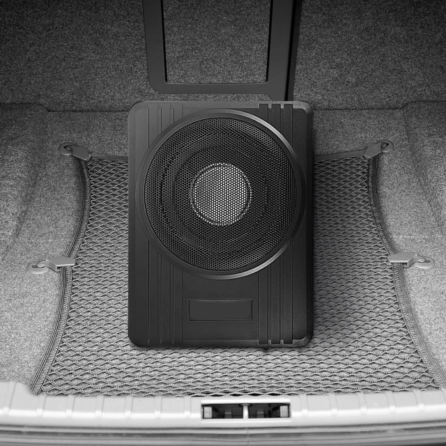 TABLZONE Ultra Thin Black Auto Under Seat Subwoofer with Amplifier for Car Audio System