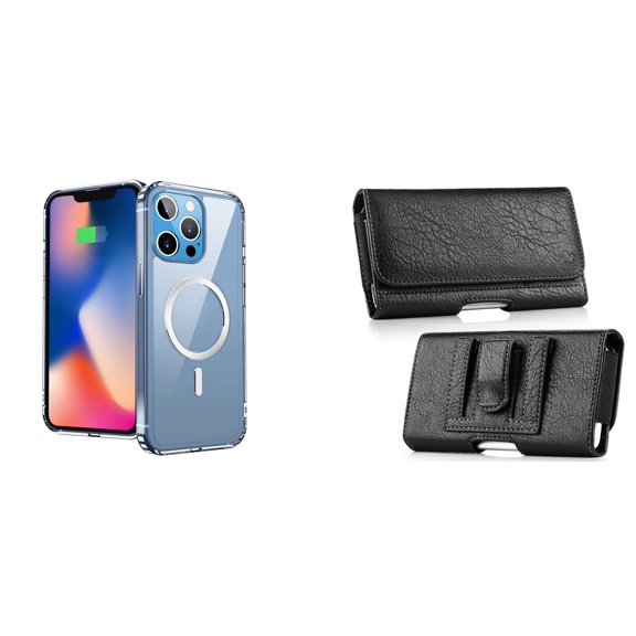 Ultra Clear Case (MagSafe Compatible) and Belt Holster Pouch for Apple iPhone 14 Pro Max - Black