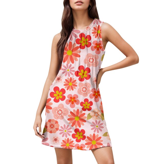 WILLBEST Vestidos De Verano Para Mujer, Vestido Informal De Verano Con Estampado Para Playa, Elegante, Flotante, De Longitud Media, Con Cuello Redondo Y Sin Mangas