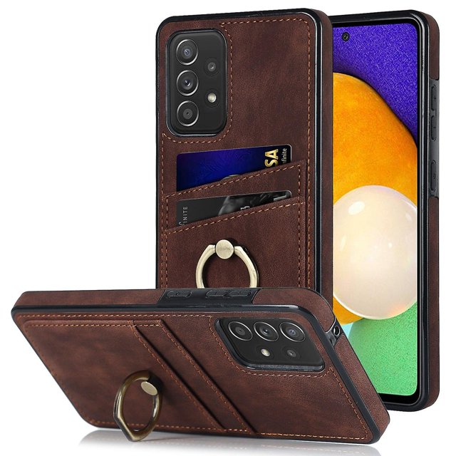 KAIYANG Funda para teléfono Samsung Galaxy A52 4G/5G/A52s 5G con soporte de anillo y tarjetero de TPU con revestimiento retro, estilo E, color marrón