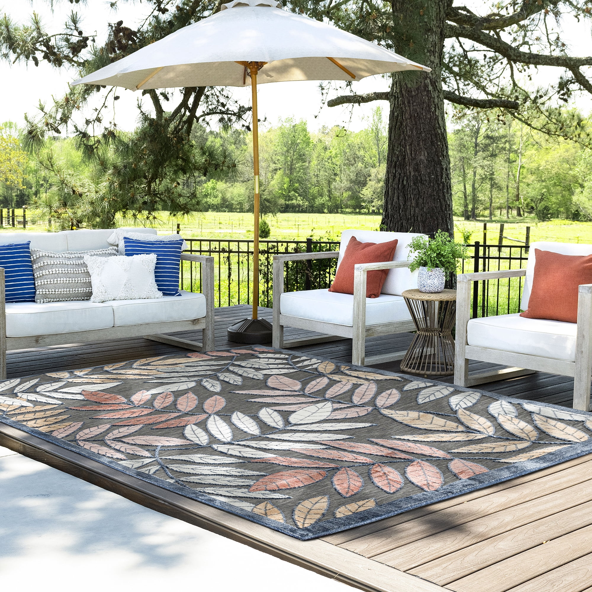 8x10 Water Resistant, Large Indoor Outdoor Rugs for Patios, Front Door Entry, Entryway, Deck, Porch, Balcony | Outside Area Rug for Patio | Black, Floral | Size: 7'7'' x 10'3''