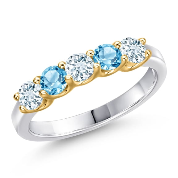 Gem Stone King 925 Silver and 10K Yellow Gold Sky Blue Aquamarine and Swiss Blue Topaz Wedding-Bands Ring for Women | 0.91 Cttw | Round 3.5MM | Gemstone March Birthstone | Size 7