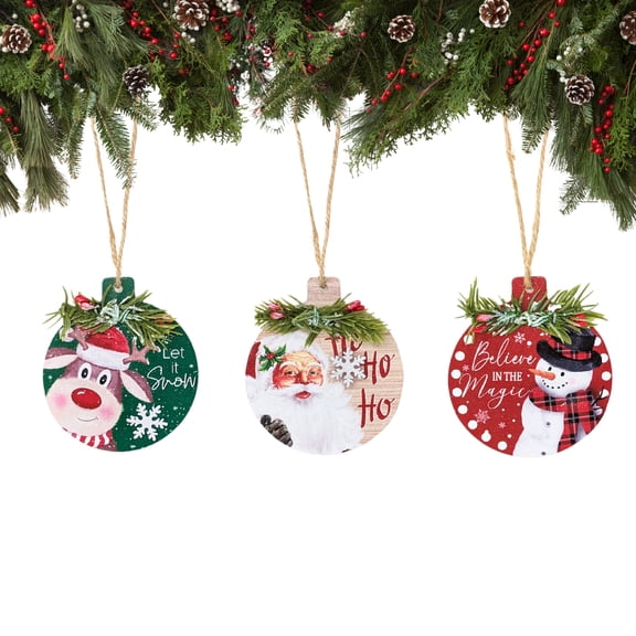 3-Piece Wooden Christmas Tree Ornaments Set – Vintage Holiday Decor for Wreaths, Garlands & Hanging Displays, Handmade Wood Designs with Santa, Snowman & Reindeer, Festive Home Decor Gift Set