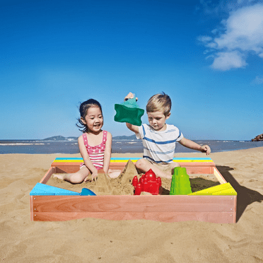 Kids Wooden Sandbox, Modern Play Toy Set with Storage Box, Black Non-Woven Fabric, Sandpit for Children, Toddler, Kids, Outdoor, Golden