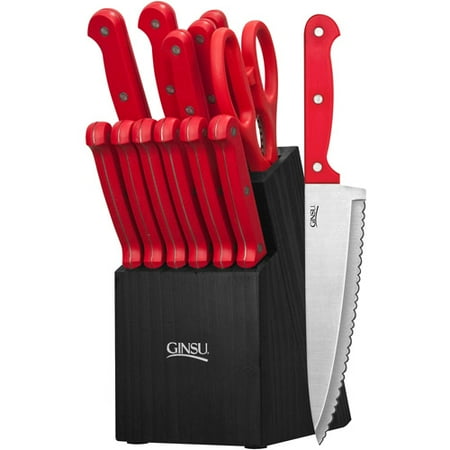 Ginsu Essential Series 14-Piece Stainless Steel Serrated Knife Set - Cutlery Set with Red Kitchen Knives in a Black Block, 03887DS