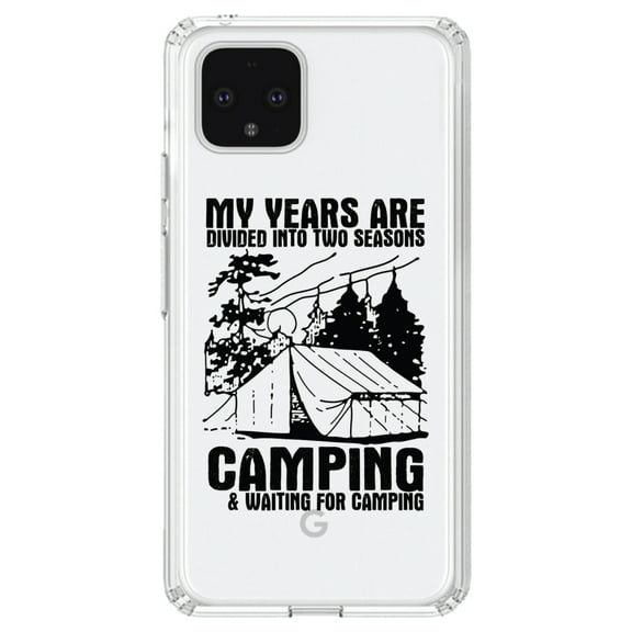 DistinctInk Clear Shockproof Hybrid Case for Google Pixel 4 XL (6.3" Screen) - TPU Bumper Acrylic Back Tempered Glass Screen Protector - Two Seasons - Camping, Waiting for Camping