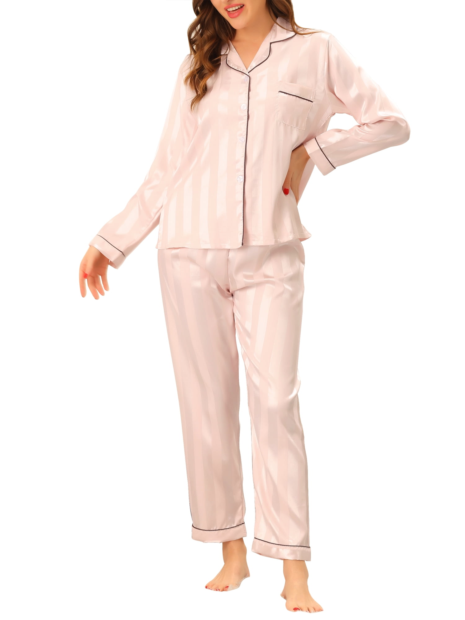 Unique Bargains Womens Nightwear with Pants Lounge Satin Button Down Pajama Sleepwear Sets