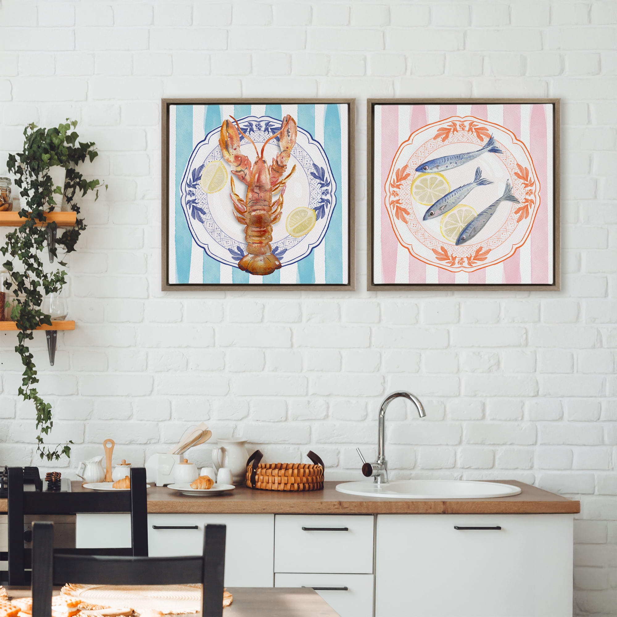 Stupell Industries Lobster & Sardines Plates 2 Piece Brown Framed Floater Canvas Set, design by Christie Adams