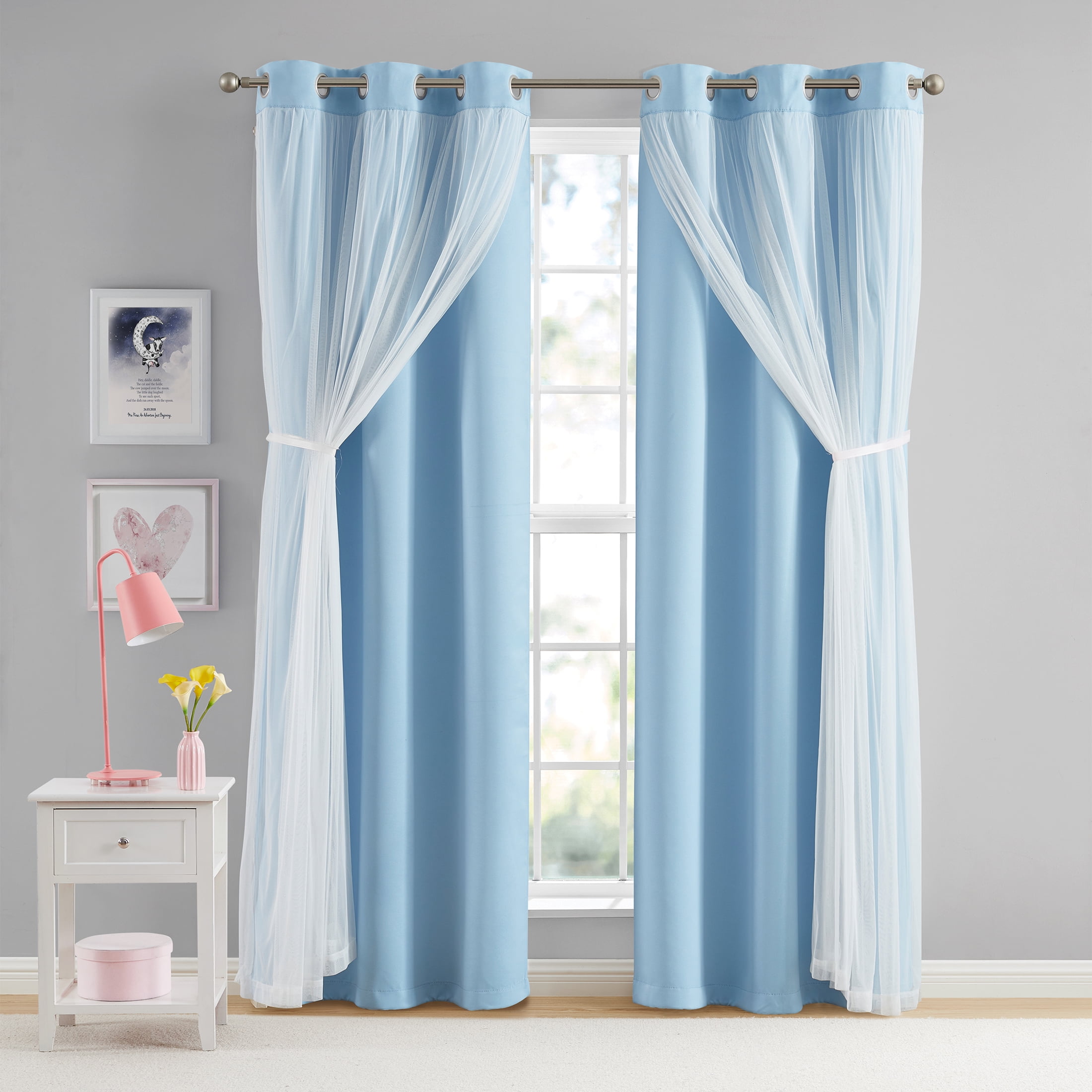 (2 pack) Your Zone Blackout Curtain Panel with Sheer Overlay, 1 Panel, Blue, 37" W x 84" L